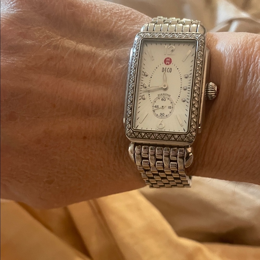 Michele Silver Deco Diamond-Trim Rectangular Bracelet Watch - Picture 2 of 4